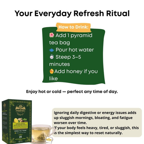 Lemon Ginger Tea for Digestion | 20 Pyramid Bags - The Mantra Online